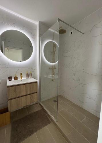 a bathroom with a shower and a sink and a mirror at Petite Ancre in Le Gosier