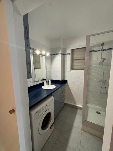 a bathroom with a washing machine and a sink at Le Cocon Bleu in Le Moule