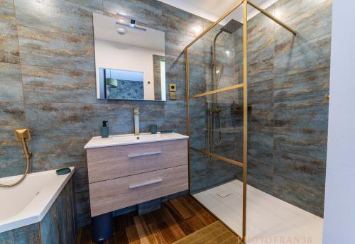 a bathroom with a sink and a shower at Le 10, Reflets dans l'Eau in Saint-Clair-de-la-Tour