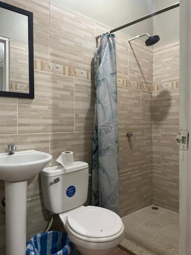 a bathroom with a toilet and a sink and a shower at VitaHostal in León