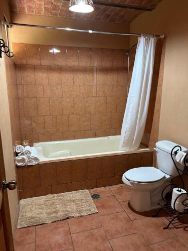 a bathroom with a toilet and a bath tub at Cabaña el nido del monte in Tapalpa