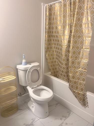 a bathroom with a toilet and a shower curtain at Peace House in Bills Island