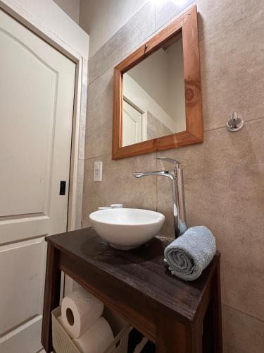 a bathroom with a sink and a mirror on a counter at Cabaña en cañuelas in Cañuelas