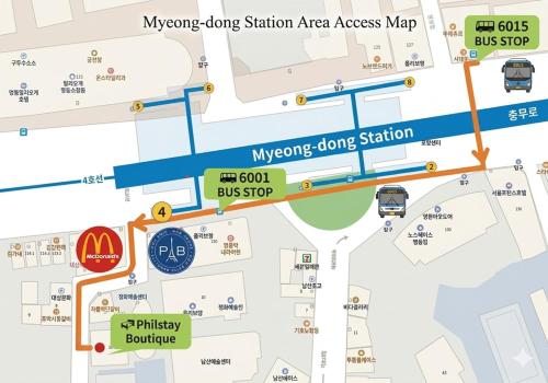 a map of the mongong long station area access map at Philstay Myeongdong Boutique Female in Seoul