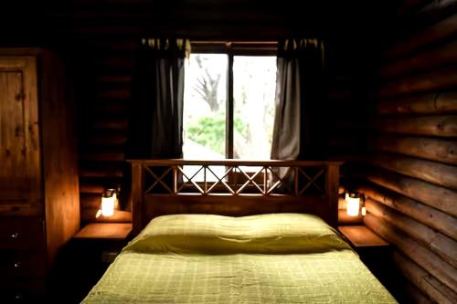 a bedroom with a bed with a window and lights at Gasty Ranch in Mar del Plata