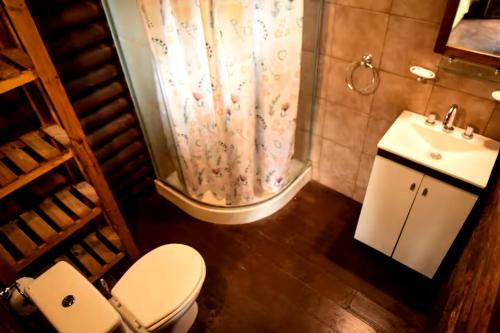 a bathroom with a toilet and a shower and a sink at Gasty Ranch in Mar del Plata