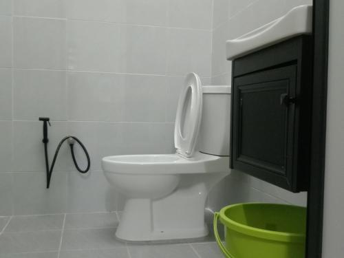 a bathroom with a toilet and a green cabinet at Homestay Adilah A in Pasir Puteh