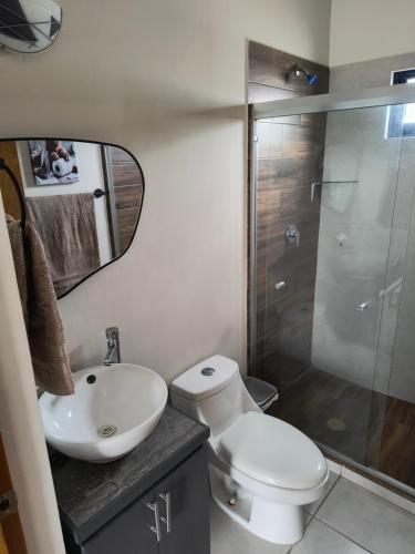 a bathroom with a toilet and a sink and a shower at Depa Colón in Mazatlán