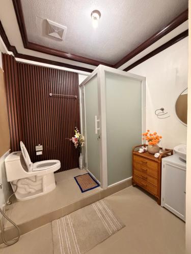 a bathroom with a shower and a toilet and a sink at Rose Haven Staycation Panabo in Panabo