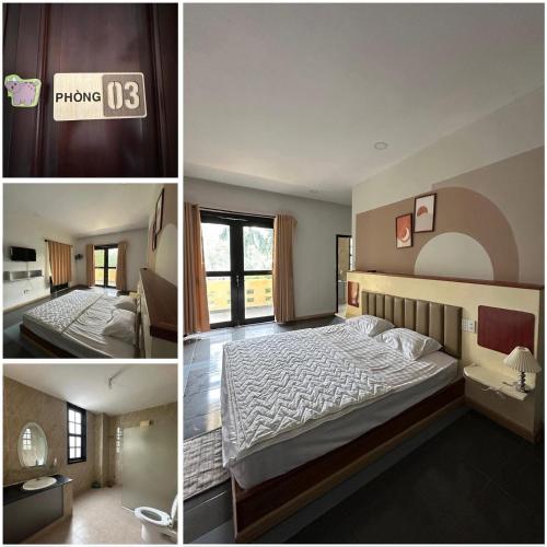 two pictures of a hotel room with a bed at Homestay Mẹ Mít in Cu Chi
