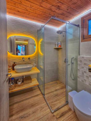 a bathroom with a shower with a sink and a toilet at Vista Mare 2 in Kámpos