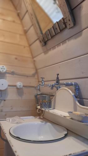 a bathroom with a sink and a toilet on a counter at Su Niberalzu glamping in Fermata di Enas