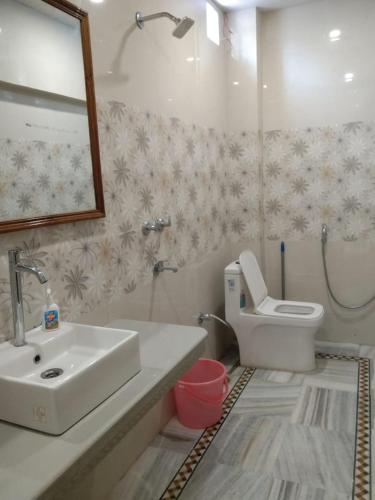 a bathroom with a sink and a toilet at Kedareswar B&B in Varanasi