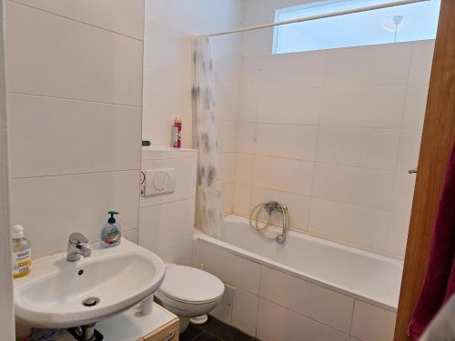 a bathroom with a sink and a toilet and a shower at Helles geteiltes Mehrbettzimmer in Leipzig