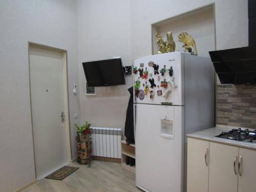 eine Küche mit einem weißen Kühlschrank mit Magneten darauf in der Unterkunft Inna`s Studio in Tbilisi City
