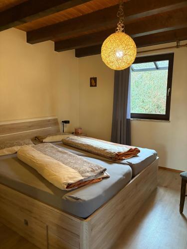 a bedroom with two beds and a chandelier at Ferienhaus Alicia in Hilders