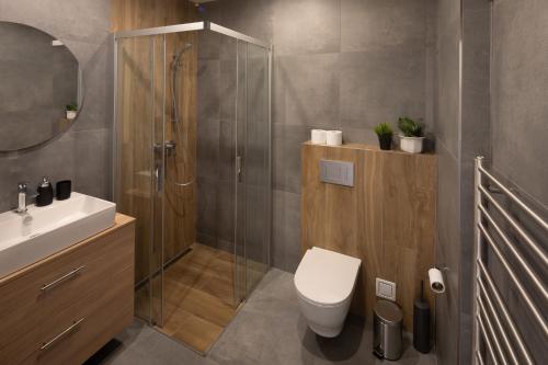 a bathroom with a shower and a toilet and a sink at Apartmány LISON in Valtice