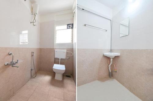 two pictures of a bathroom with a toilet and a shower at FabHotel Destiny Living in Pune