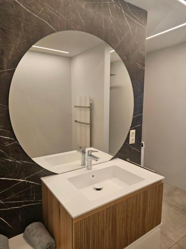 a bathroom with a sink and a mirror at Ferienwohnung Scheuringer in Enzenkirchen