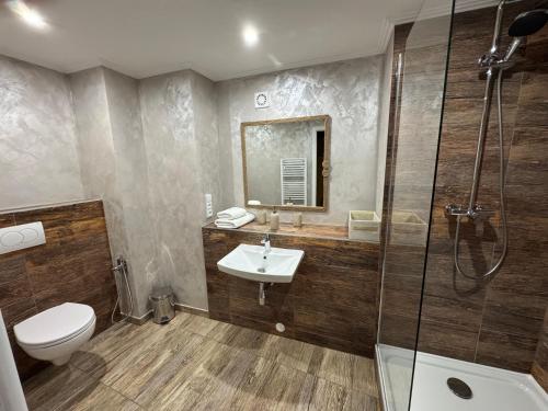 a bathroom with a toilet and a sink and a shower at Hotel U Dvou medvídků in Chomutov