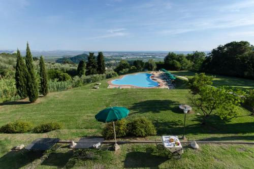 Corsanico-Bargecchia的住宿－Frantoio di Corsanico，一个带游泳池和遮阳伞的花园
