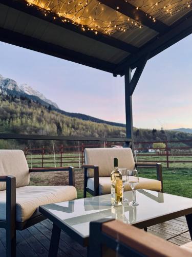 Ein Tisch und Stühle auf einer Terrasse mit Aussicht in der Unterkunft Peak View Tiny House - Piatra Craiului Nest in Zărneşti