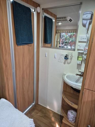 a small bathroom with a sink and a mirror at A Tiny Home Experience in a great spot in Melbourne