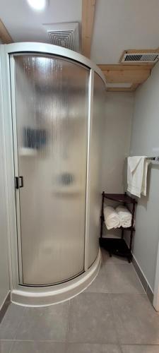 a shower stall in a bathroom with towels on a shelf at Guest house in Shawinigan