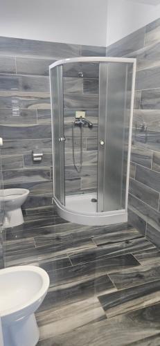 a bathroom with a shower and a toilet and a sink at Ysa home in Râmnicu Vâlcea