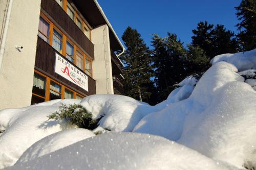 a pile of snow in front of a building at Hotel Andromeda in Ostružná