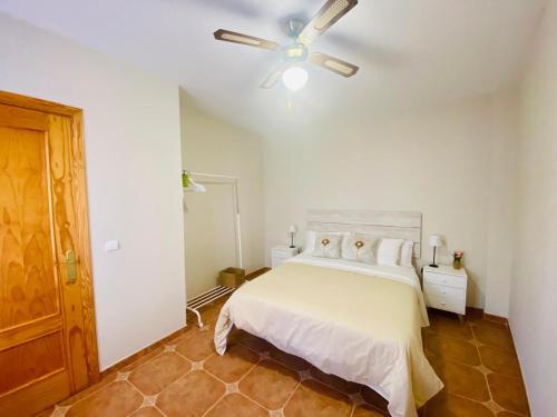 a bedroom with a bed and a ceiling fan at La Pinela in Mesas de Ibor