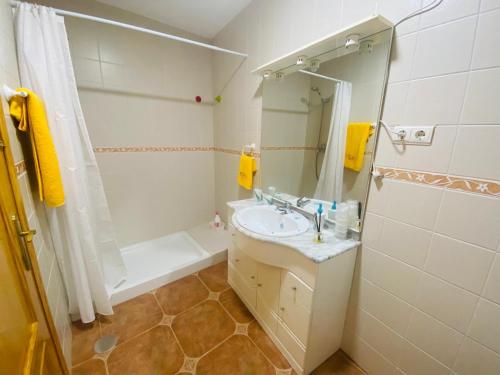 a bathroom with a sink and a mirror and a shower at La Pinela in Mesas de Ibor
