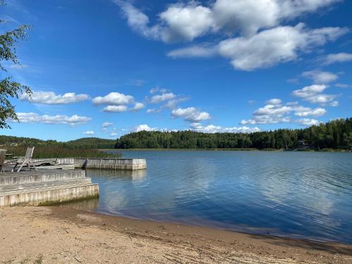 a view of a lake with a dock on the shore at kirsikkaranta 1 in Pargas