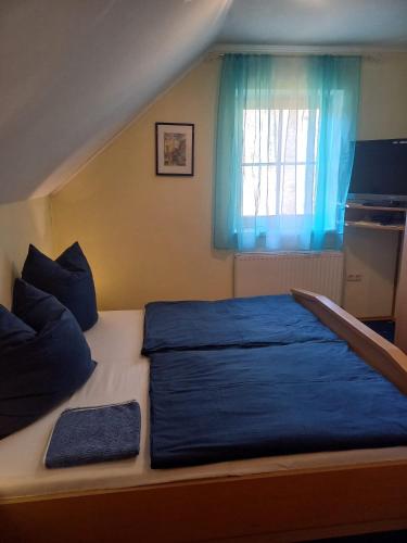 a bedroom with a bed with blue sheets and a window at Privatzimmer Daniela und Hubert Gosch in Mixnitz
