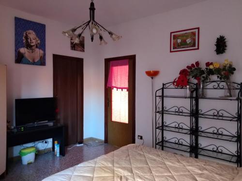 a bedroom with a bed and a television and a window at Casa Muscas in Iglesias