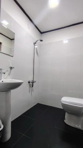 a white bathroom with a toilet and a sink at B&B Nuwara eliya in Nuwara Eliya