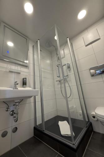 a bathroom with a shower and a sink at BSW Ferienhotel Lindenbach in Bad Ems