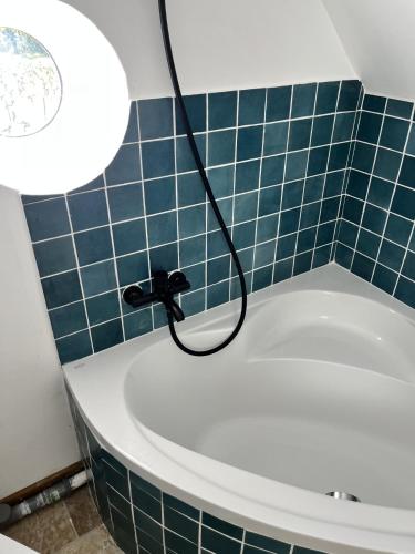 a bathroom with a bath tub with a light on it at Le Grand Clos Marçon in Marçon
