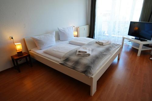 a bedroom with a white bed with a television and a bedskirtspectspectspects at Radebeul Altkötzschenbroda in Radebeul