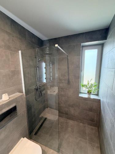 a bathroom with a shower with a toilet and a window at Kwiatowy Zakątek na Zaciszu in Radocza
