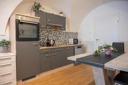 a kitchen with gray cabinets and a counter top at Paky Appartements 00314 in Bruck an der Leitha
