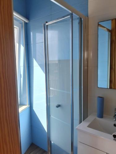 a glass shower in a bathroom with a sink at Casa da Boa Vista in Bordeira