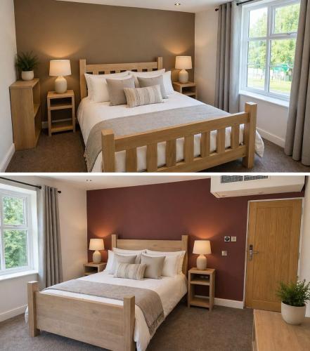 two pictures of a bedroom with a large bed at The Hurt Arms in Whatstandwell