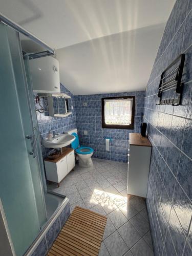 a blue tiled bathroom with a toilet and a sink at Villa Alexa Cesarica in Cesarica