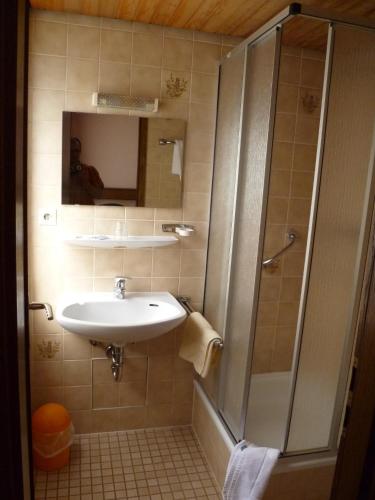 ein Badezimmer mit Waschbecken und Dusche in der Unterkunft Hotel Deutsche Eiche in Northeim in Northeim
