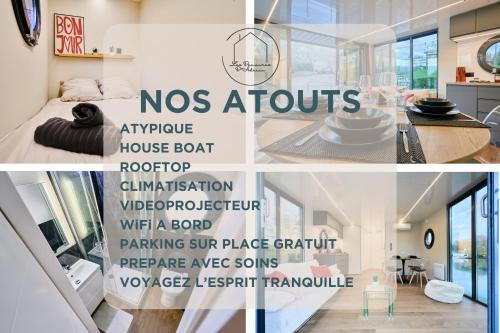 a collage of photos of a home with a room at Boat'n Flandres - Houseboat rooftop proche Lille in Deûlemont