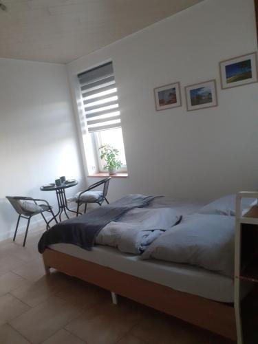 a bedroom with a bed and a table and chairs at Erholung am Deich in Kollmar
