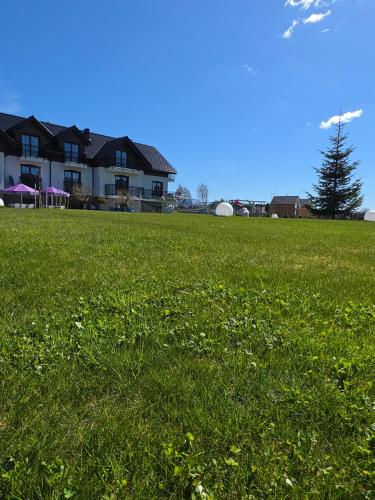 a field of green grass with a house in the background at Jagodowy Ski&Spa pensjonat z widokiem na góry,podgrzewany basen zewnętrzny latem,bilard,świetne Wi-Fi,Restauracja,balia,sauna na miejscu in Lasowka
