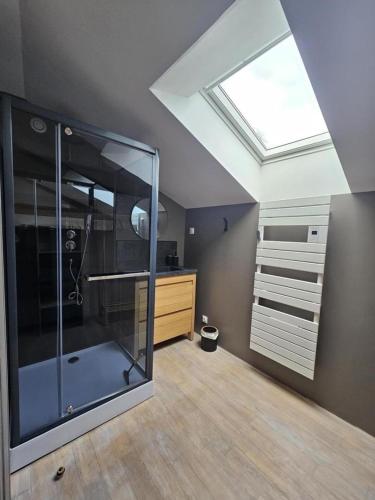 a bathroom with a shower and a skylight at Villa nest in Saint-Sauvant