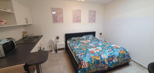 a small bedroom with a bed and a sink at Pearl Studio Apart - King Bed - Netflix - Projector - Fast Wi-Fi in Trier